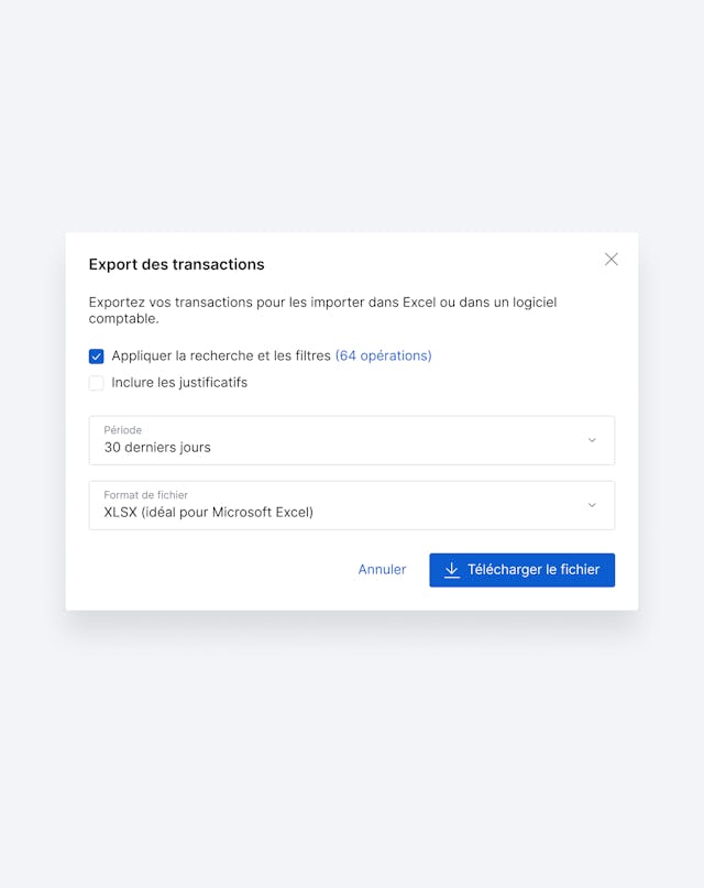 Interface de l'export de vos transactions en fichier XLSX ou CSV